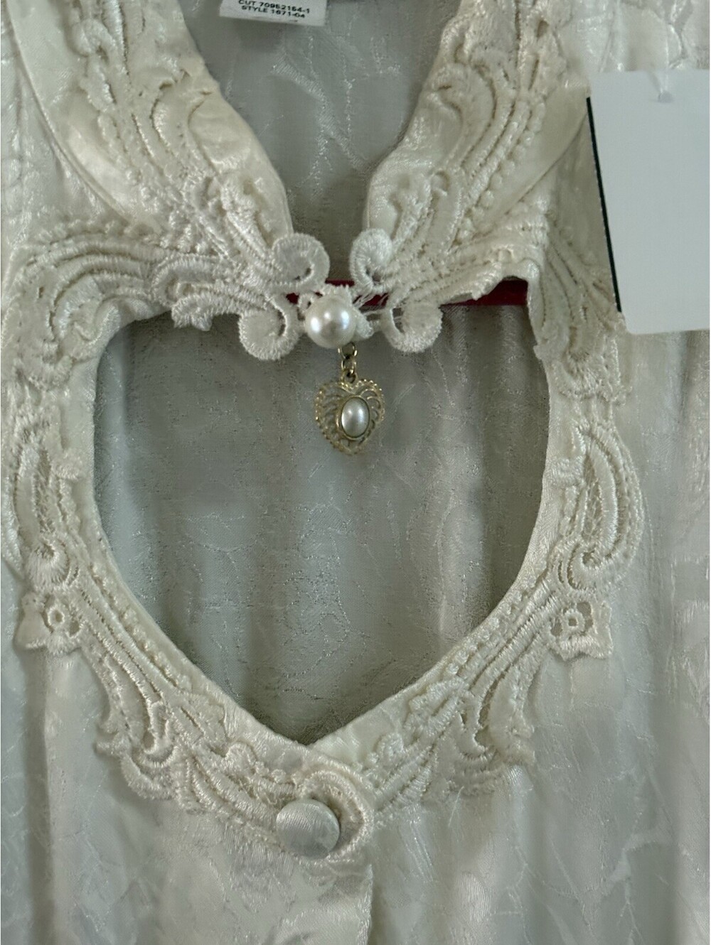 Vintage Ivory Satin Dress with Lace Detailing and Pearl Accent - Picture 6 of 9